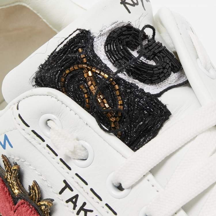 Pre Owned Dolce & Gabbana White Leather Portofino Graffiti Heart Applique Low Top Sneakers Size 41