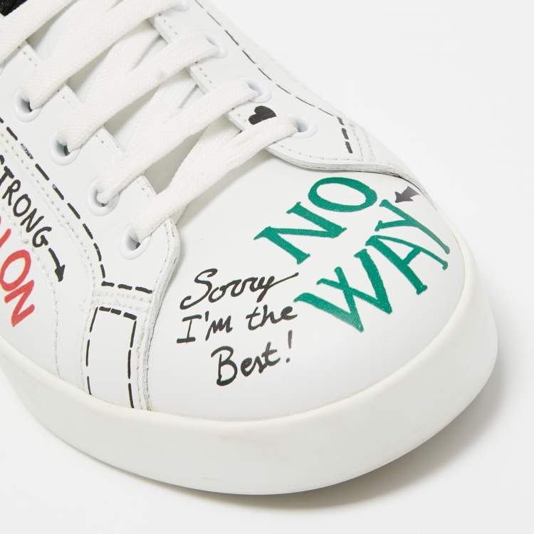 Pre Owned Dolce & Gabbana White Leather Portofino Graffiti Heart Applique Low Top Sneakers Size 41
