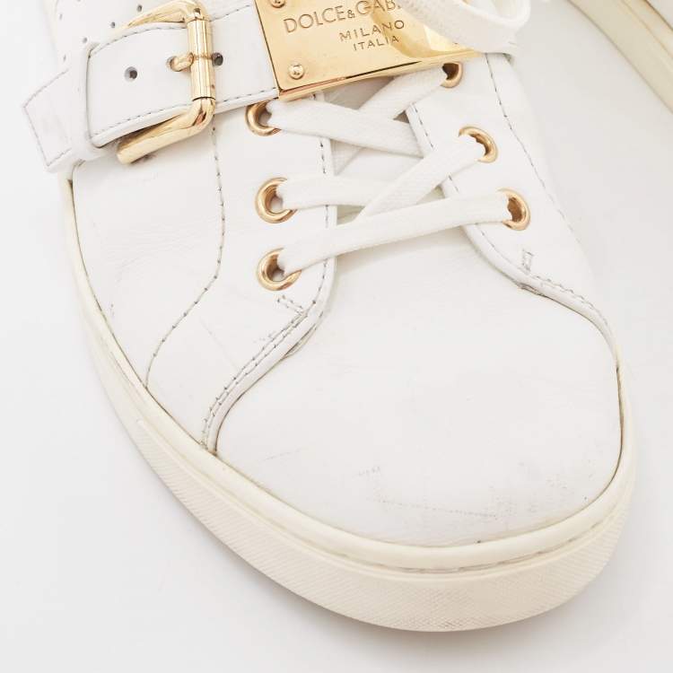 Pre Owned Dolce & Gabbana White Leather Lace Up And Buckle Low Top Sneakers Size 41