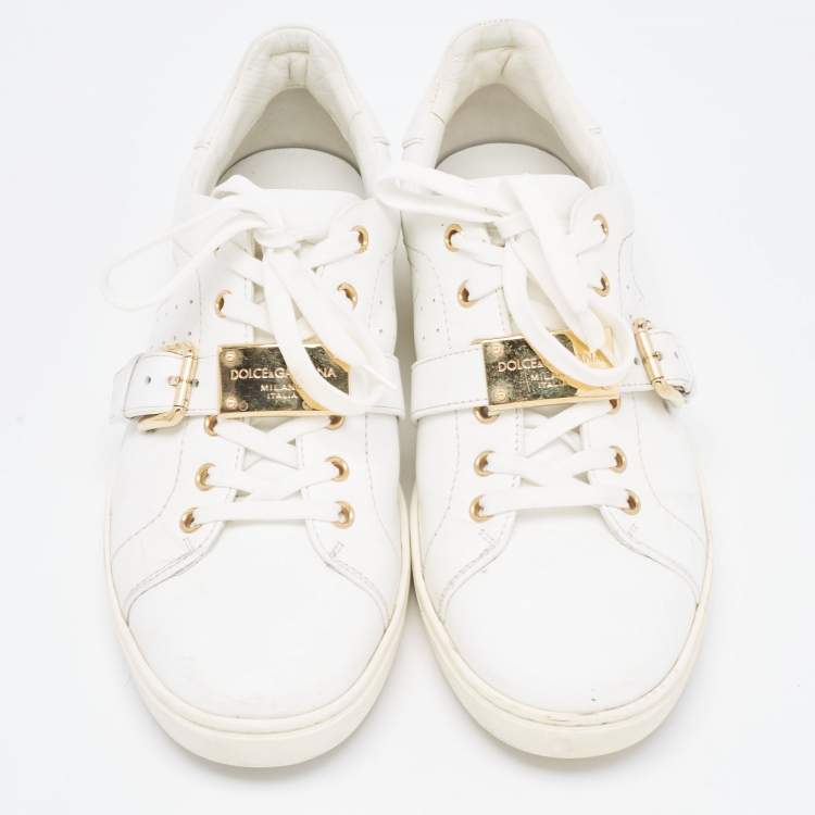 Pre Owned Dolce & Gabbana White Leather Lace Up And Buckle Low Top Sneakers Size 41