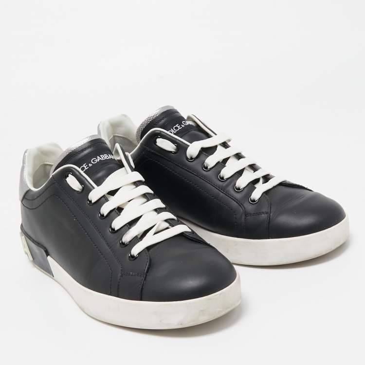 Pre Owned Dolce & Gabbana Black/White Leather Portofino Trainer Sneakers Size 43