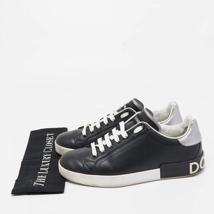 Pre Owned Dolce & Gabbana Black/White Leather Portofino Trainer Sneakers Size 43