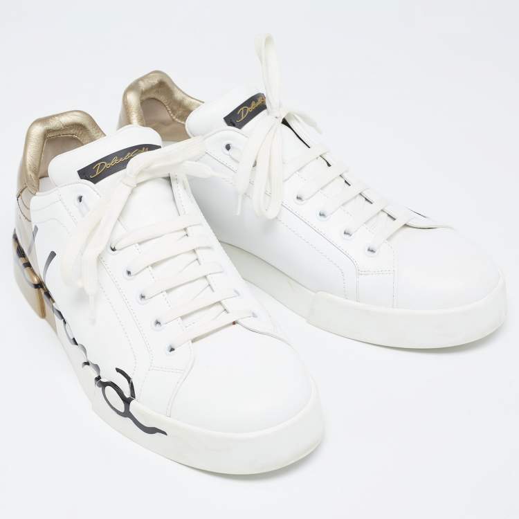 Pre Owned Dolce and Gabbana White/Gold Logo Print Leather and Patent Portofino Sneakers Size 44