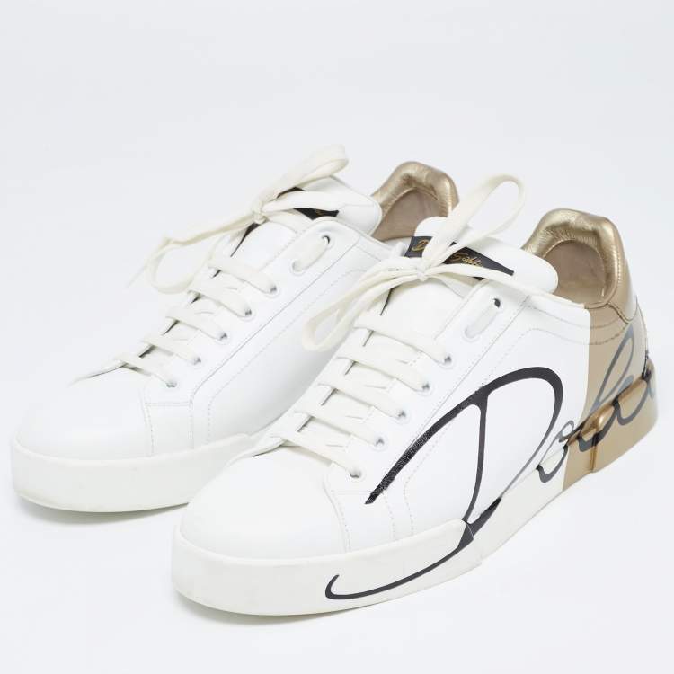 Pre Owned Dolce and Gabbana White/Gold Logo Print Leather and Patent Portofino Sneakers Size 44