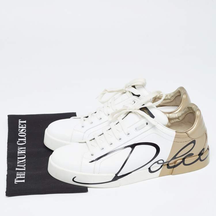Pre Owned Dolce and Gabbana White/Gold Logo Print Leather and Patent Portofino Sneakers Size 44