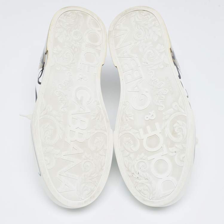 Pre Owned Dolce and Gabbana White/Gold Logo Print Leather and Patent Portofino Sneakers Size 44