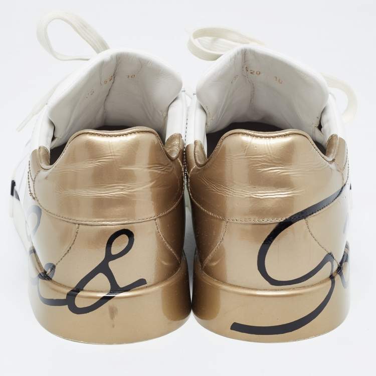 Pre Owned Dolce and Gabbana White/Gold Logo Print Leather and Patent Portofino Sneakers Size 44
