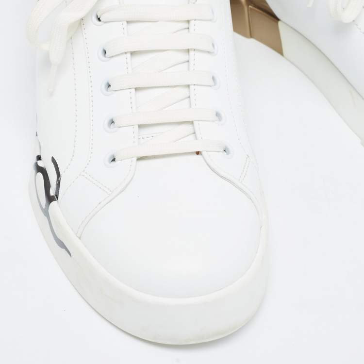 Pre Owned Dolce and Gabbana White/Gold Logo Print Leather and Patent Portofino Sneakers Size 44