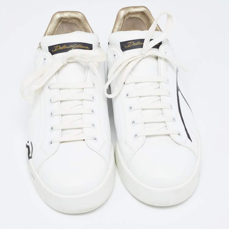Pre Owned Dolce and Gabbana White/Gold Logo Print Leather and Patent Portofino Sneakers Size 44