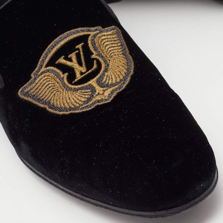 Pre Owned Louis Vuitton Black Velvet Auteuil Logo Smoking Slippers Size 43