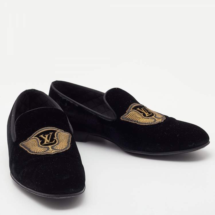 Pre Owned Louis Vuitton Black Velvet Auteuil Logo Smoking Slippers Size 43