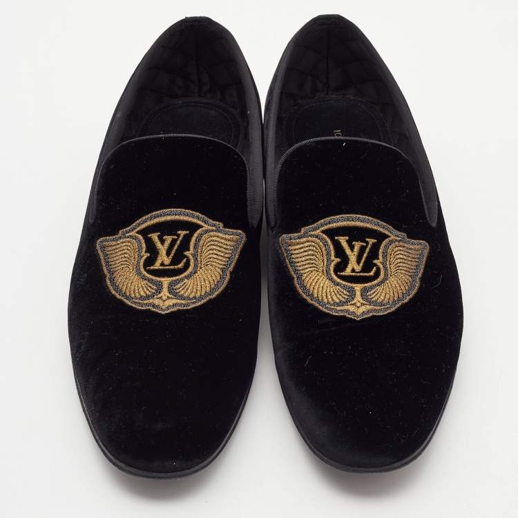 Pre Owned Louis Vuitton Black Velvet Auteuil Logo Smoking Slippers Size 43