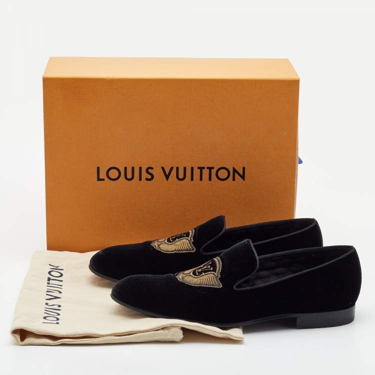 Pre Owned Louis Vuitton Black Velvet Auteuil Logo Smoking Slippers Size 43