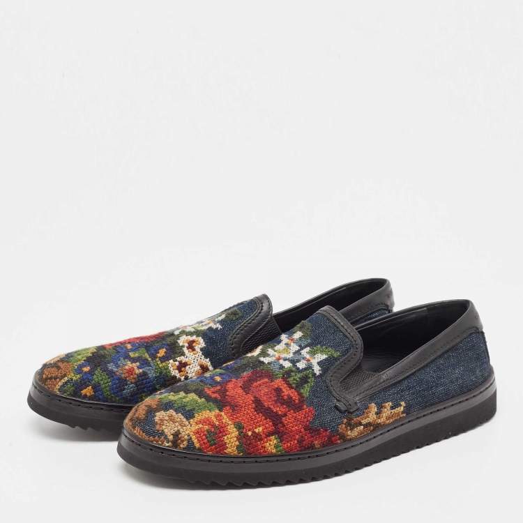 Pre Owned Dolce & Gabbana Navy Blue Denim and Leather Slip On Sneakers Size 43.5
