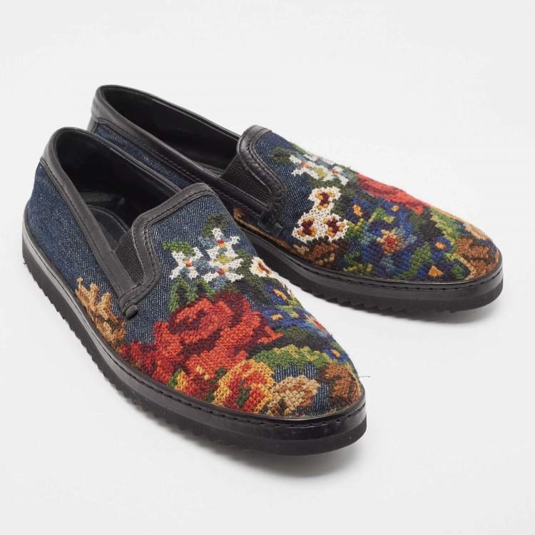 Pre Owned Dolce & Gabbana Navy Blue Denim and Leather Slip On Sneakers Size 43.5