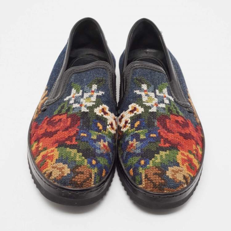 Pre Owned Dolce & Gabbana Navy Blue Denim and Leather Slip On Sneakers Size 43.5
