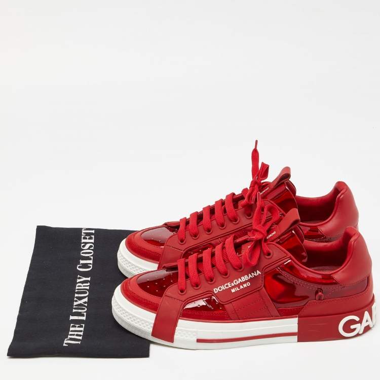 Pre Owned Dolce & Gabbana Red Leather and PVC Custom 2.Zero Sneakers Size 42.5