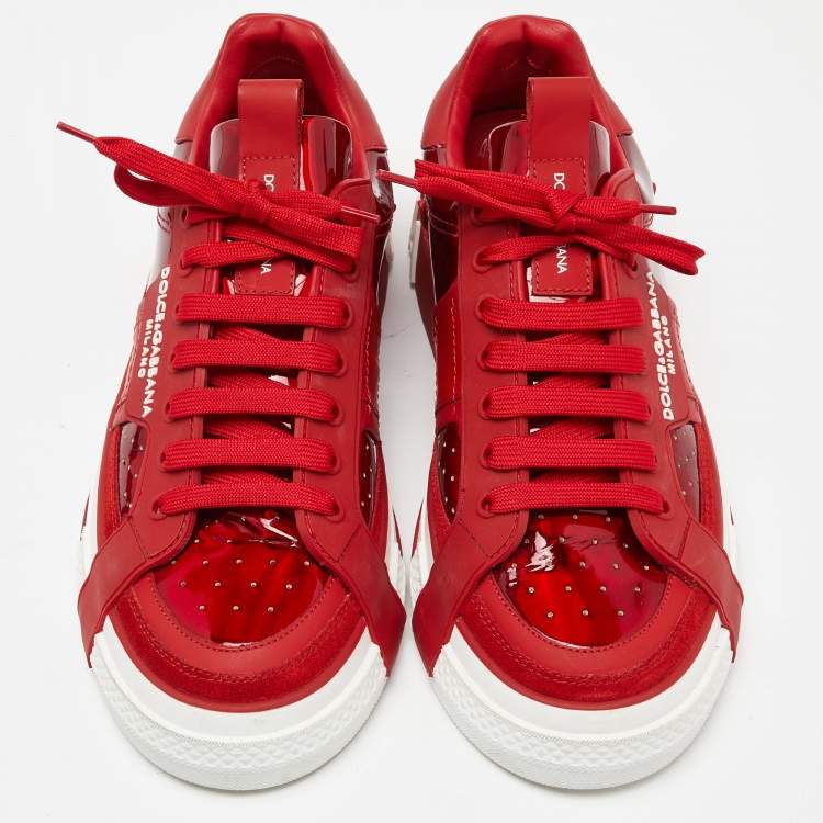 Pre Owned Dolce & Gabbana Red Leather and PVC Custom 2.Zero Sneakers Size 42.5