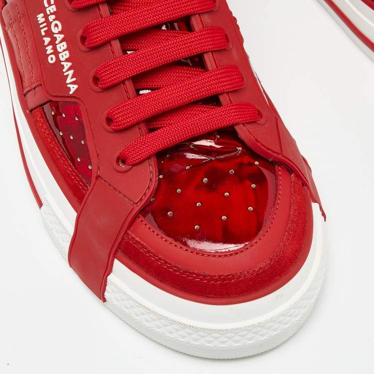 Pre Owned Dolce & Gabbana Red Leather and PVC Custom 2.Zero Sneakers Size 42.5