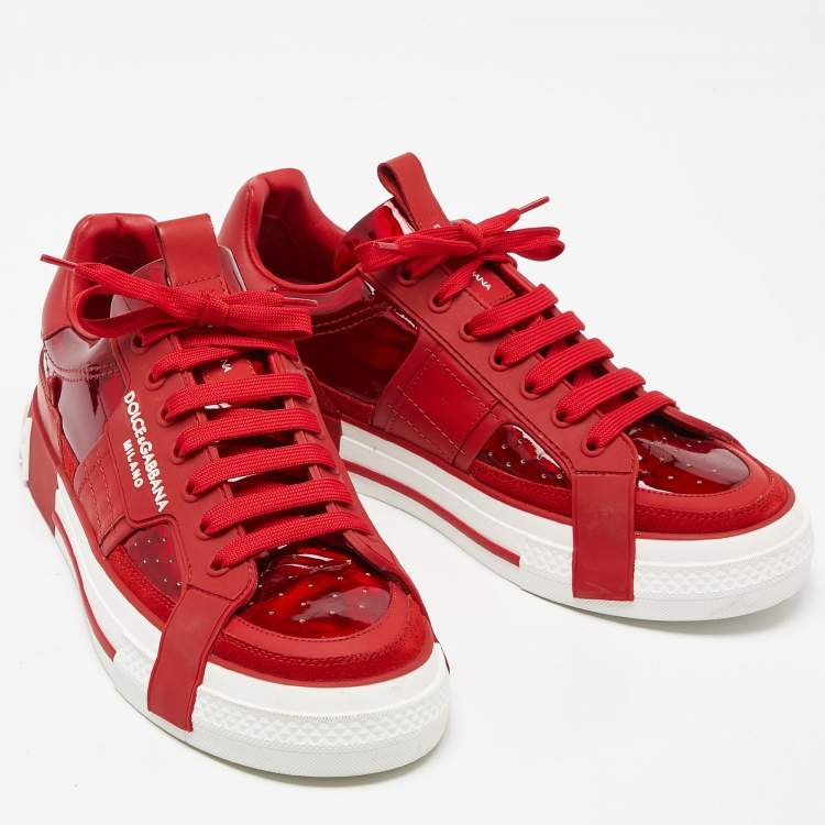 Pre Owned Dolce & Gabbana Red Leather and PVC Custom 2.Zero Sneakers Size 42.5