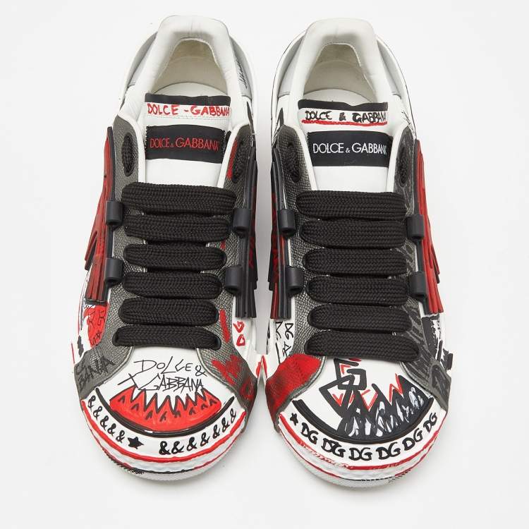 Pre Owned Dolce & Gabbana Tricolor Leather Graffiti Print Portofino Sneakers Size 43