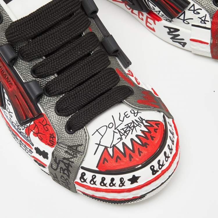 Pre Owned Dolce & Gabbana Tricolor Leather Graffiti Print Portofino Sneakers Size 43