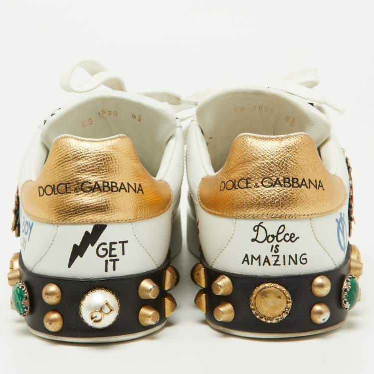 Pre Owned Dolce & Gabbana White Leather Pearl and Stud Embellished  Lace Up Sneakers Size 42.5