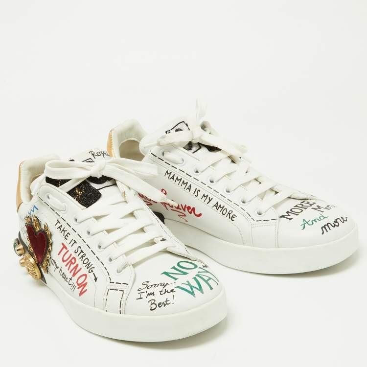 Pre Owned Dolce & Gabbana White Leather Pearl and Stud Embellished  Lace Up Sneakers Size 42.5
