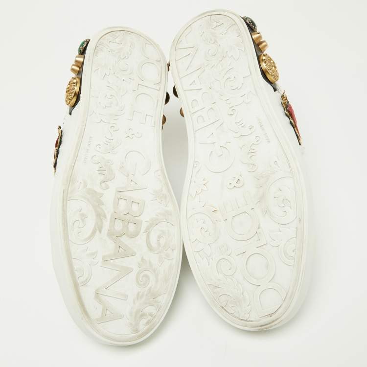 Pre Owned Dolce & Gabbana White Leather Pearl and Stud Embellished  Lace Up Sneakers Size 42.5