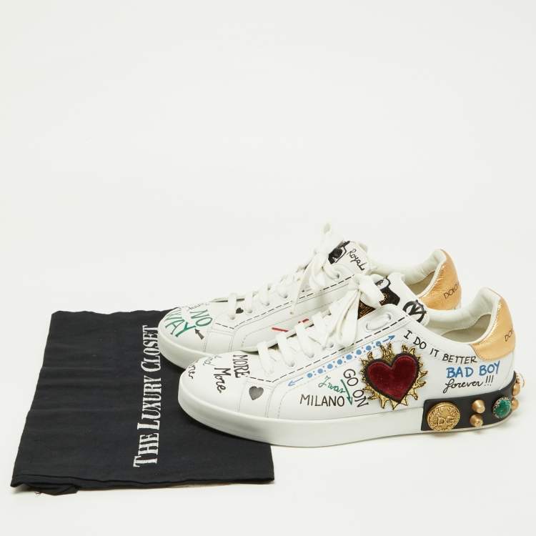 Pre Owned Dolce & Gabbana White Leather Pearl and Stud Embellished  Lace Up Sneakers Size 42.5