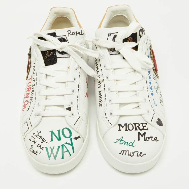 Pre Owned Dolce & Gabbana White Leather Pearl and Stud Embellished  Lace Up Sneakers Size 42.5