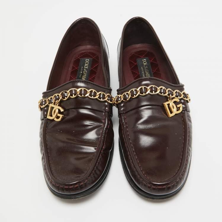 Pre Owned Dolce & Gabbana Burgundy Patent DG Chain Slip On Loafers Size 42