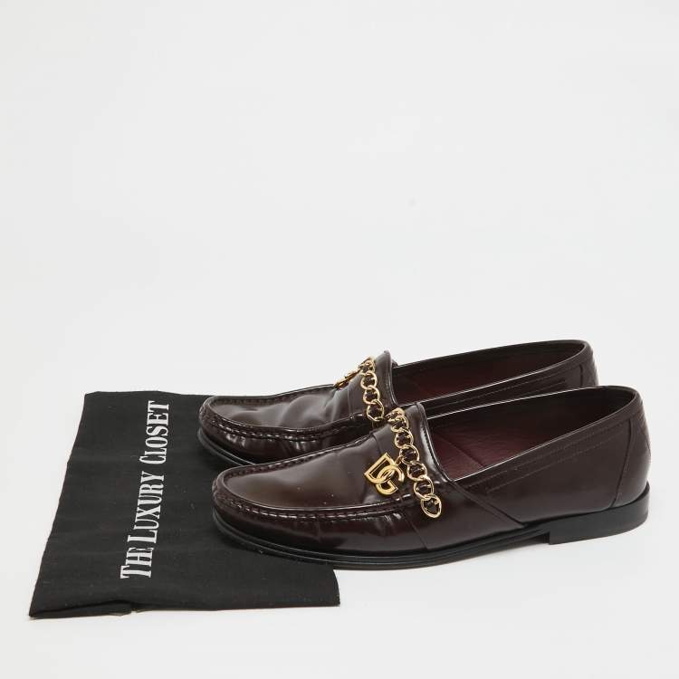 Pre Owned Dolce & Gabbana Burgundy Patent DG Chain Slip On Loafers Size 42