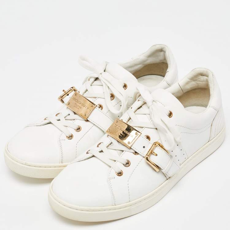 Pre Owned Dolce and Gabbana White Leather Buckle Detail Low Top Sneakers Size 43