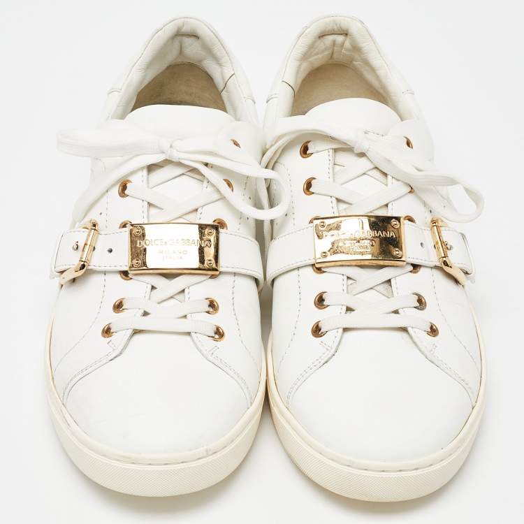 Pre Owned Dolce and Gabbana White Leather Buckle Detail Low Top Sneakers Size 43