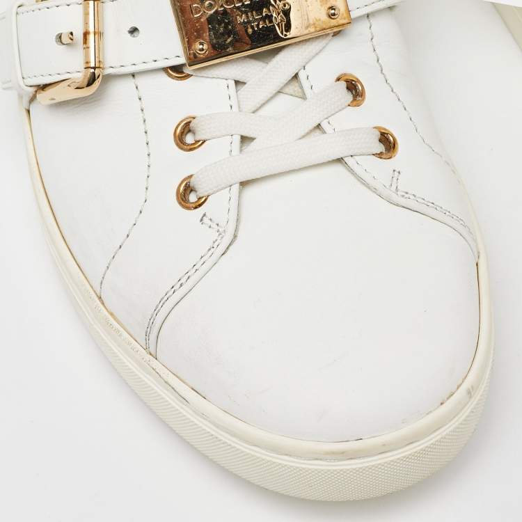 Pre Owned Dolce and Gabbana White Leather Buckle Detail Low Top Sneakers Size 43