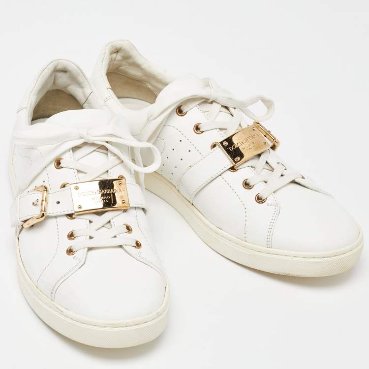Pre Owned Dolce and Gabbana White Leather Buckle Detail Low Top Sneakers Size 43