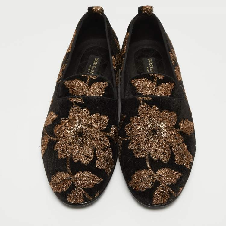 Pre Owned Dolce & Gabbana Black Velvet Embroidered Floral Smoking Slippers Size 44