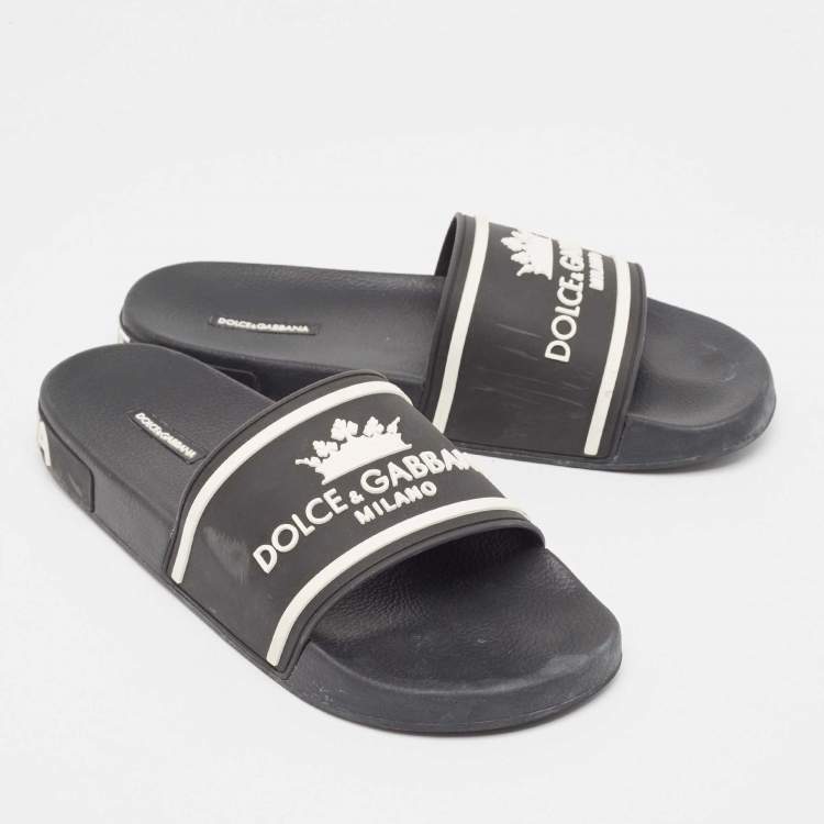 Pre Owned Dolce & Gabbana Black Rubber Crown Logo Flat Slides Size 44