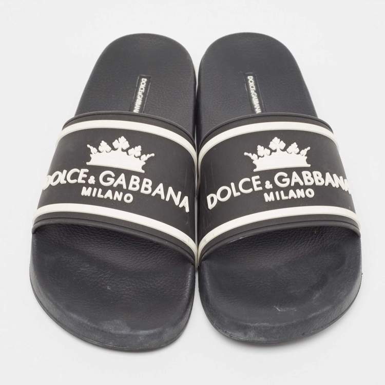 Pre Owned Dolce & Gabbana Black Rubber Crown Logo Flat Slides Size 44