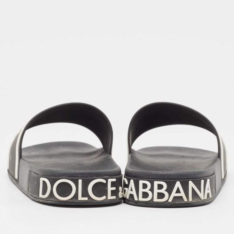 Pre Owned Dolce & Gabbana Black Rubber Crown Logo Flat Slides Size 44