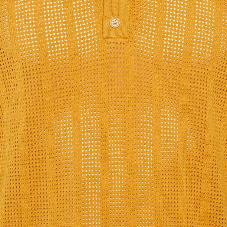 Pre Owned Dries van Noten Yellow Ochre Perforated Knit Polo T-Shirt L