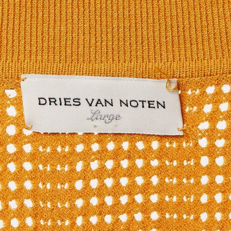 Pre Owned Dries van Noten Yellow Ochre Perforated Knit Polo T-Shirt L