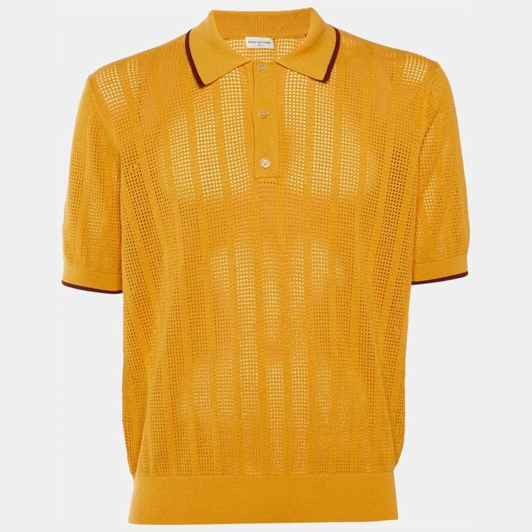 Pre Owned Dries van Noten Yellow Ochre Perforated Knit Polo T-Shirt L