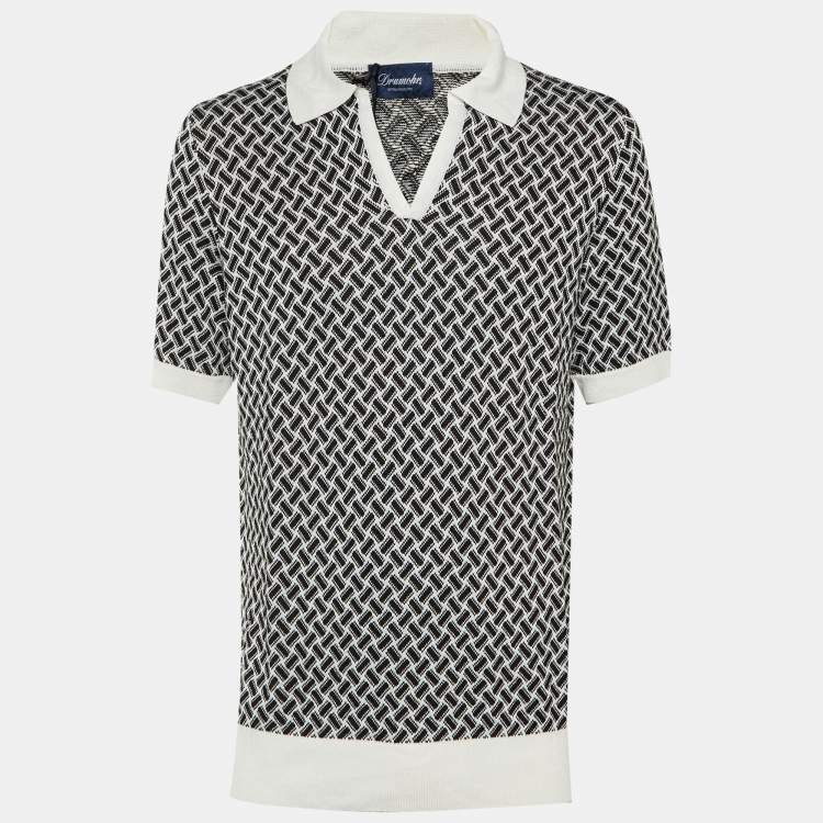 مملوكة مسبقًا Drumohr Black/White Cotton & Linen Knit Polo T-Shirt L