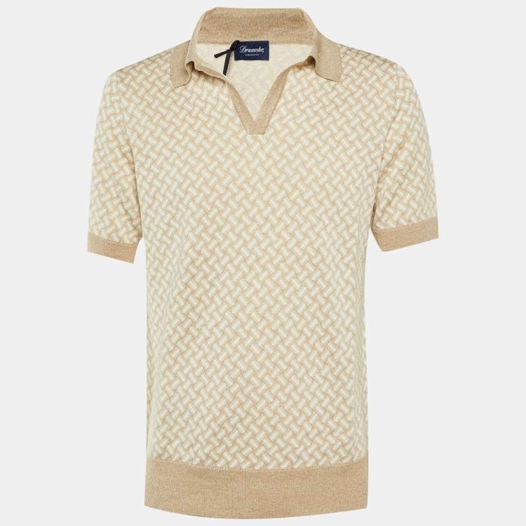 مملوكة مسبقًا Drumohr Beige/White Cotton & Linen Polo T-Shirt L