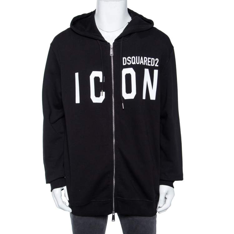 Pre Owned Dsquared2 Black Icon Logo Printed Cotton Zip Front Hooded Jacket XXL
