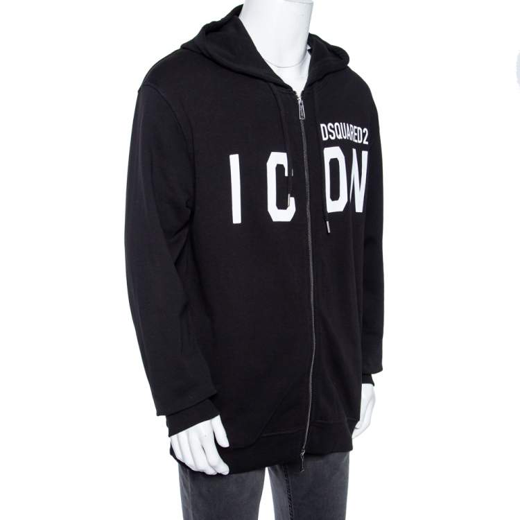 Pre Owned Dsquared2 Black Icon Logo Printed Cotton Zip Front Hooded Jacket XXL