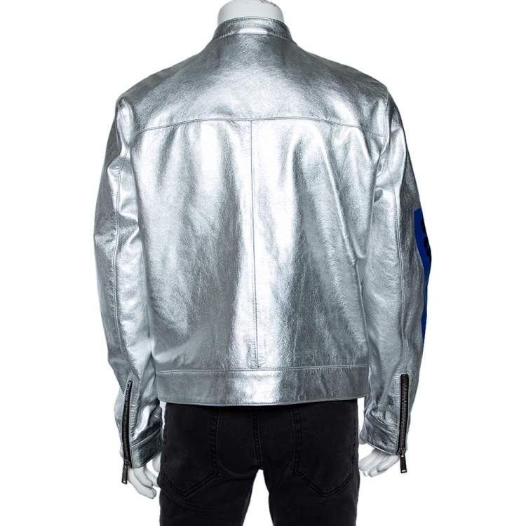 Pre Owned Dsquared2 Silver Printed Leather Zip Front Jacket XL