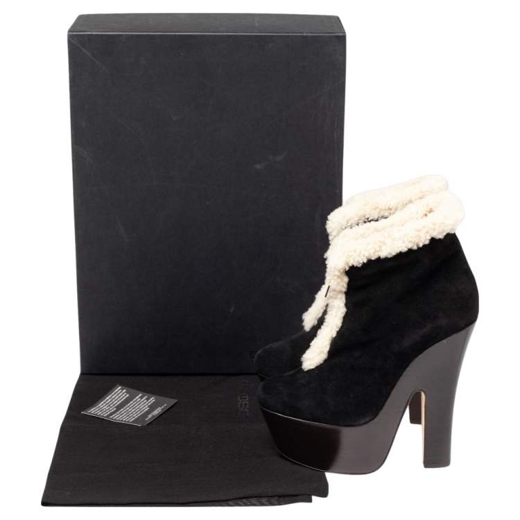 Pre Owned Dsquared2 Black Suede and Shearling Zip Platform Ankle Boots Size 38